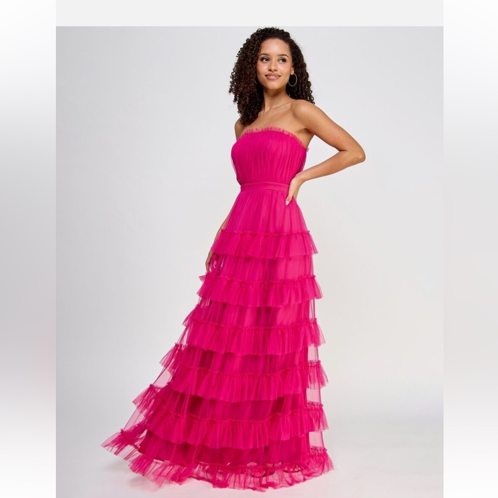 Fuschia City Studio Strapless Tiered Ruffle Dress